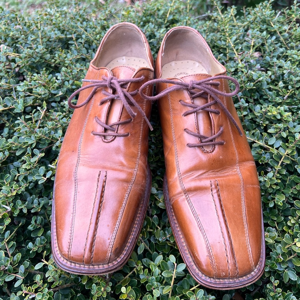STACY ADAMS Men's Cognac Leather Bicycle Stitched-Toe Oxfords SZ 10.5M Comfort